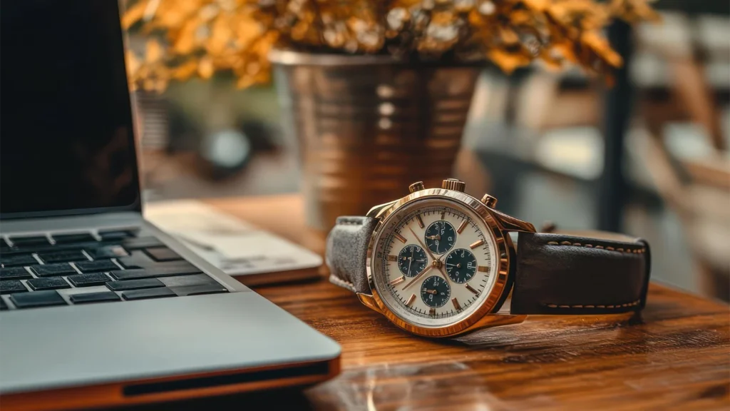 Vintage diver watch with brown leather strap styled with cufflinks and books for an at-home photoshoot