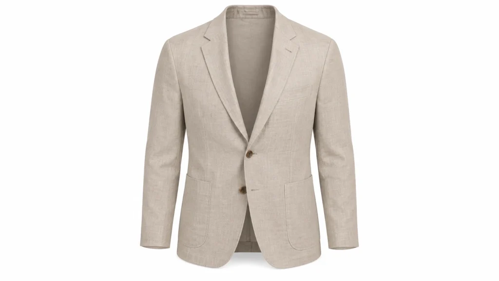 Beige linen blazer generated from a vague ghost mannequin AI prompt, with limited interior and structural detail.