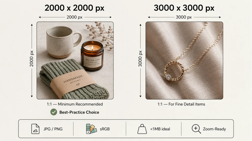 Comparison of 2000x2000px and 3000x3000px Etsy product photo sizes for standard and fine-detail listings