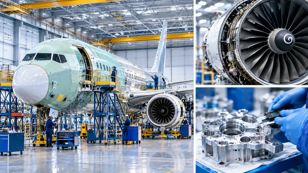 Aerospace photography showing aircraft manufacturing and jet engine components in an industrial facility