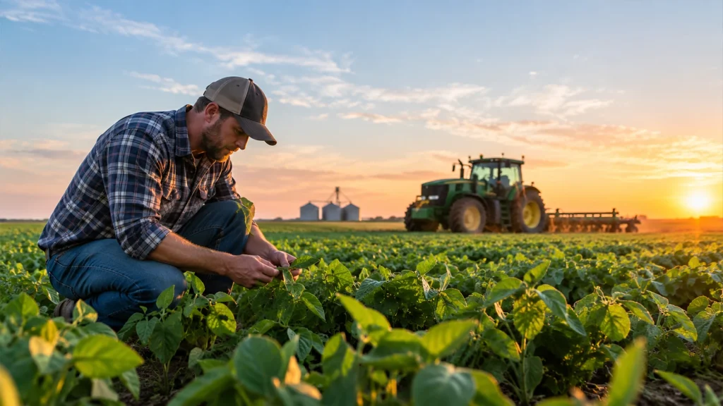 Agricultural photography showing a farmer inspecting crops in a field at sunset