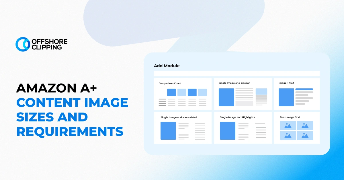 amazon-a-content-image-sizes-requirements Amazon A+ Content Add Module panel showing Comparison Chart, Image and Text, and Four-Image Grid layout options
