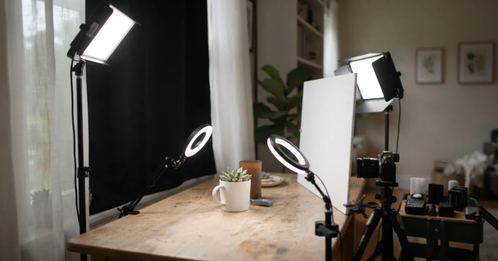 Home product photography setup with LED panel lights, ring lights, camera, and white backdrop
