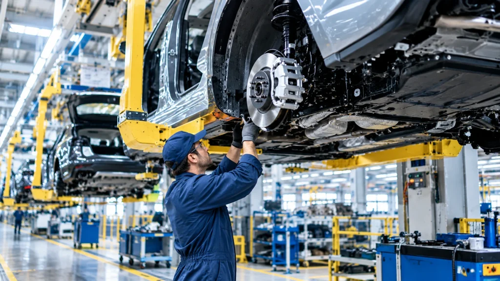 Automotive photography showing a worker inspecting a vehicle during car manufacturing
