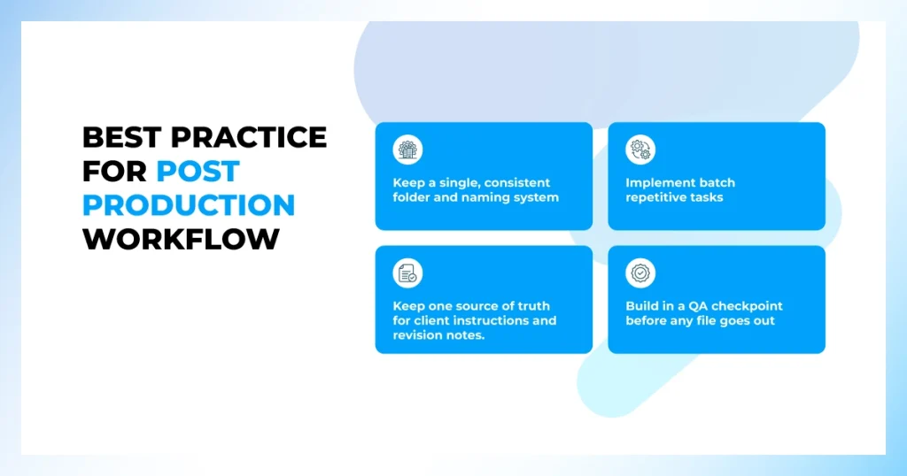 Infographic of 4 best practices for a post-production workflow, including folder naming, batch tasks, and QA checks