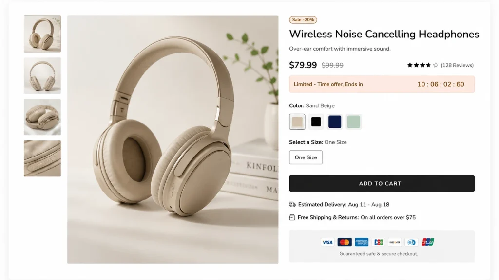 Best Shopify product image size example showing a product page with high-quality headphone photography
