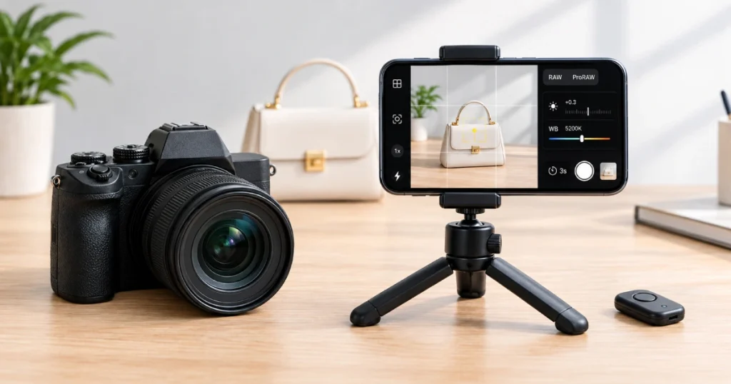 Camera and smartphone mounted on a tripod for sharp product photography