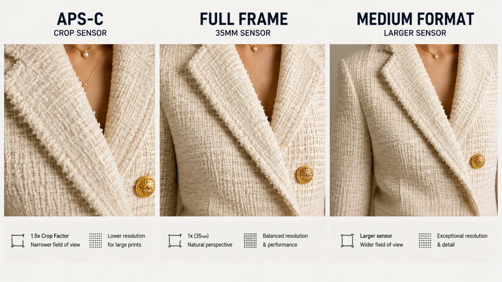 Comparison of sensor formats for fashion photography, showing detail, handling, and workflow differences