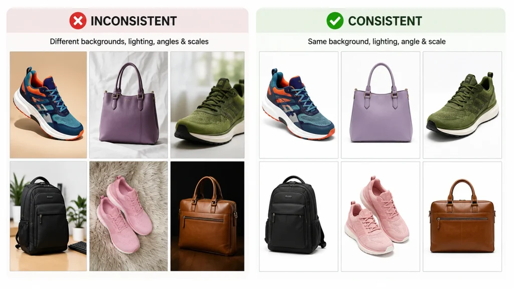 Before and after comparison of inconsistent and consistent Shopify product images