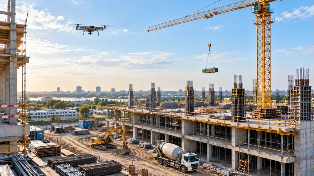 Construction photography showing a large building site with cranes and heavy equipment