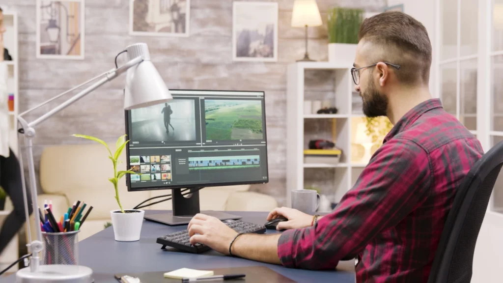 Video editor reviewing multicam footage on a split-screen monitor at a home office desk