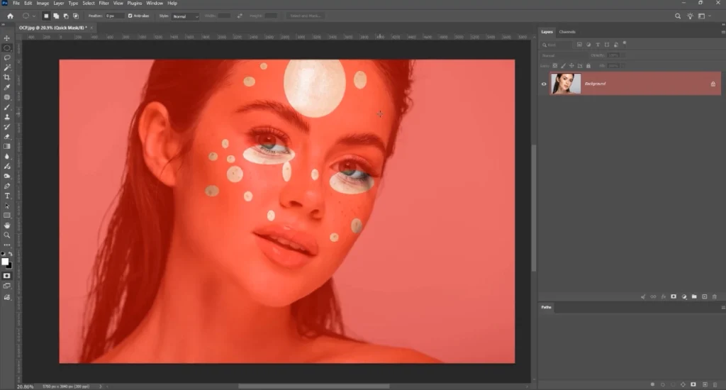 Photoshop Quick Mask with selections around blotchy skin areas for correcting uneven skin tone