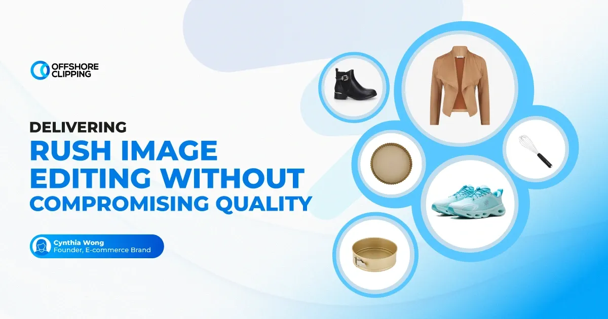 cynthia-wong-case-study Case study: rush image editing for Cynthia Wong's e-commerce brand, with edited boot, jacket, sneaker, and bakeware photos