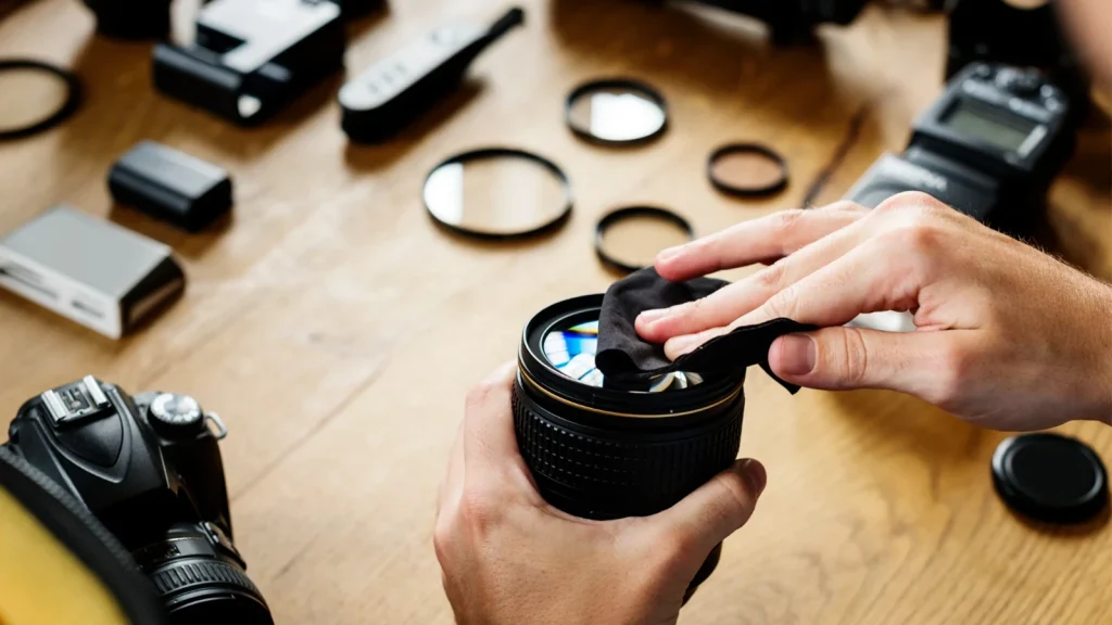 Essential camera and lens equipment with a photographer cleaning a camera lens