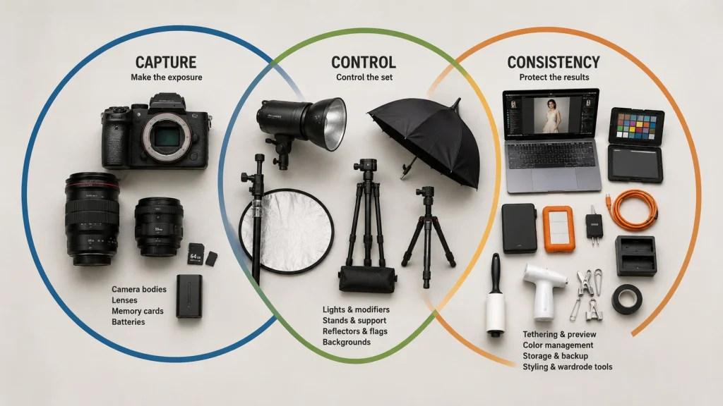 Fashion photography equipment grouped into capture, control, and consistency layers.