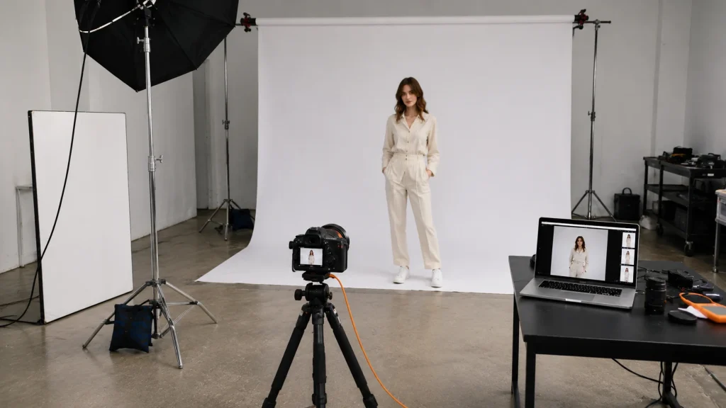 Fashion studio equipment layout with safe cable paths, tethering, lighting, background, and support.