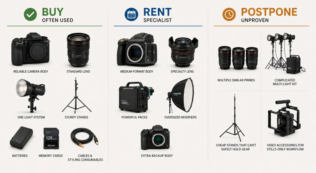 Buy, rent, or postpone decision guide for fashion photography equipment.