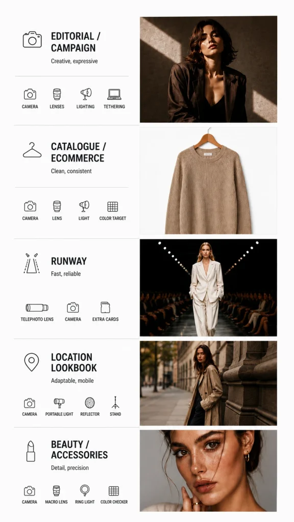 Fashion shoot types with different camera, lens, lighting, and workflow priorities.