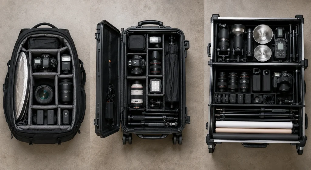 Starter, location, and commercial studio fashion photography kits arranged for comparison.