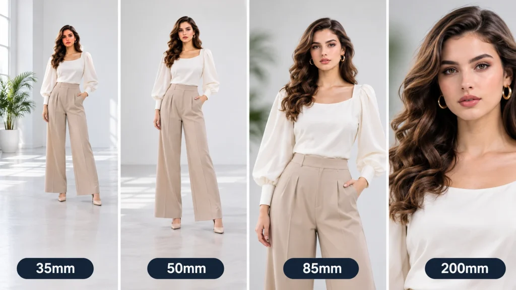 Fashion model photographed at four focal lengths to compare perspective and background compression.