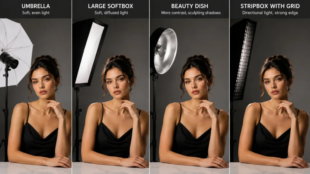Fashion lighting modifier comparison using umbrella, softbox, beauty dish, and stripbox.