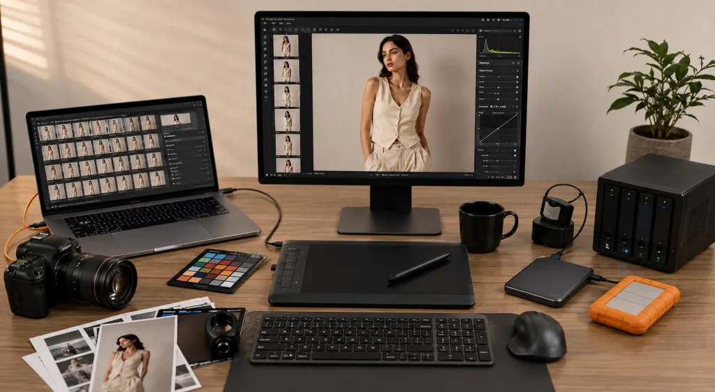 Fashion photography post-production workflow from tethered capture through retouching, color review, backup, and delivery.