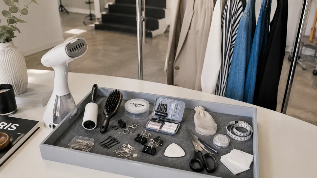 Fashion photography styling kit with garment preparation and set-rescue tools.