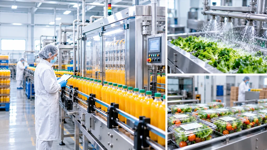 Food and beverage processing photography showing a worker monitoring a juice bottling production line