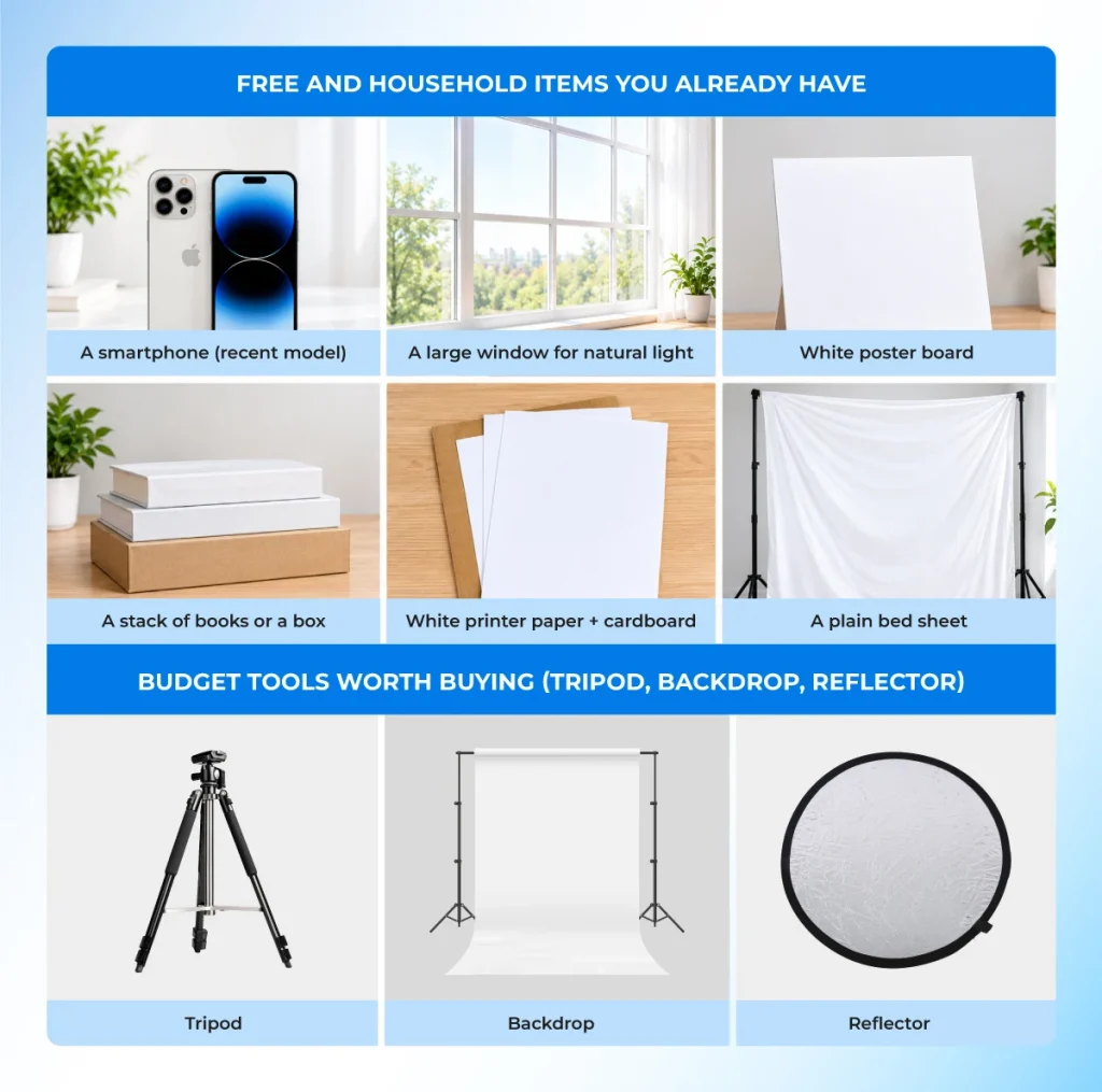 Smartphone, window, white poster board, books, printer paper, and bedsheet for home product photography