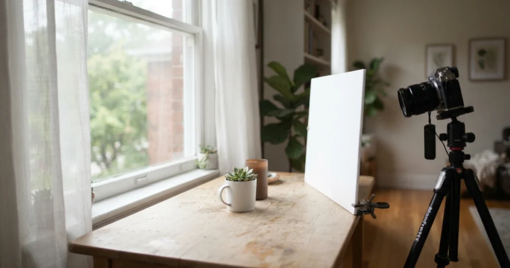 Home product photography setup with a camera, window, white backdrop, and tabletop