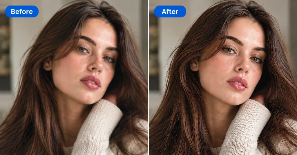 Before and after comparison showing how AI image upscaling reconstructs sharper hair, skin, and fabric texture in a portrait photo