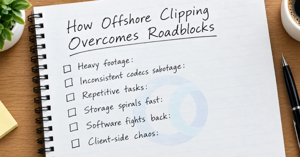 Notebook checklist of video editing roadblocks Offshore Clipping overcomes, from heavy footage to client-side chaos