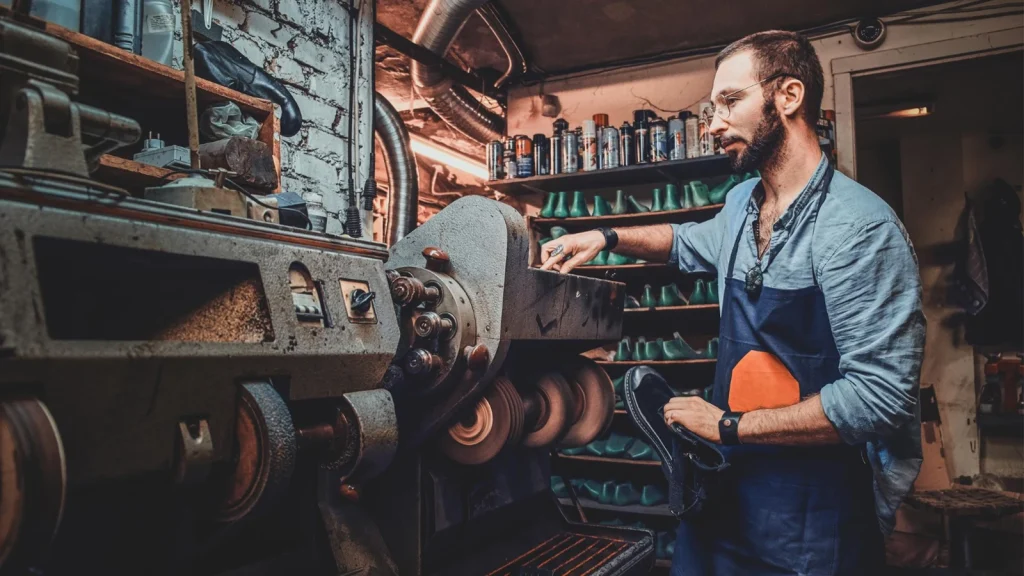 Industrial machinery and equipment in a workshop with a technician operating manufacturing equipment