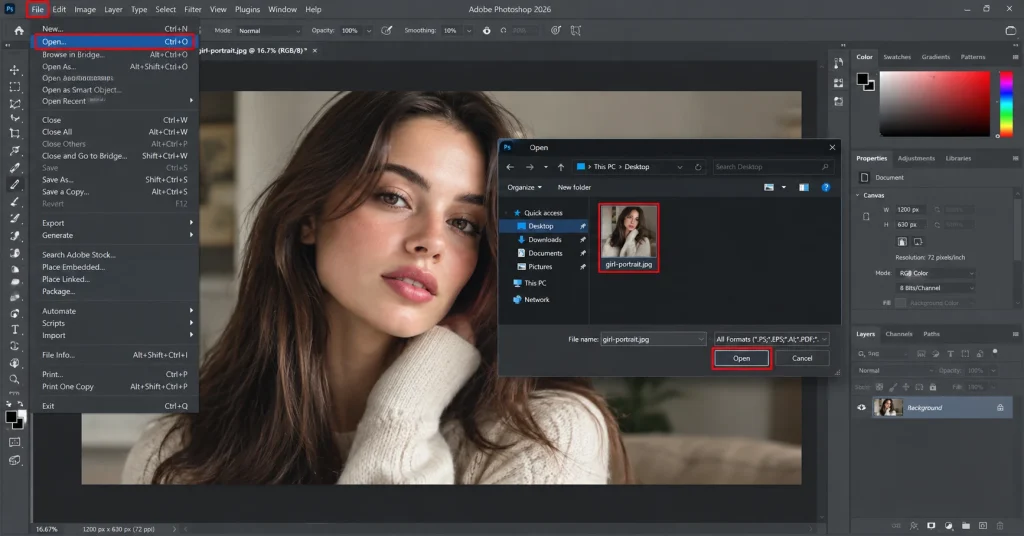 Photoshop File Open dialog with a portrait JPEG selected before running Generative Upscale