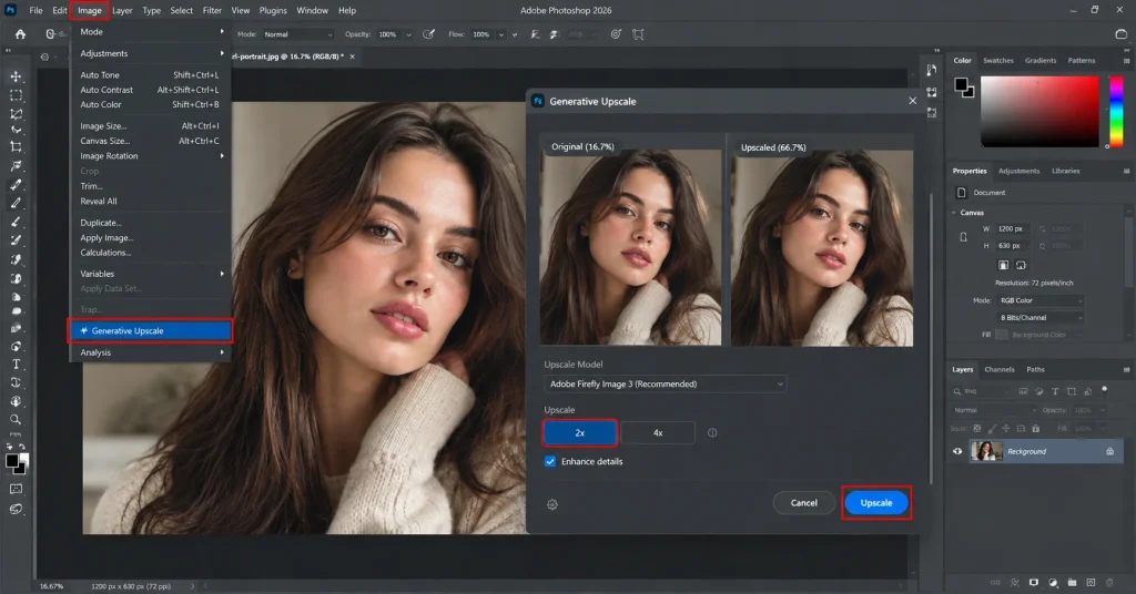Photoshop Image menu with Generative Upscale option selected to open the AI upscaling tool