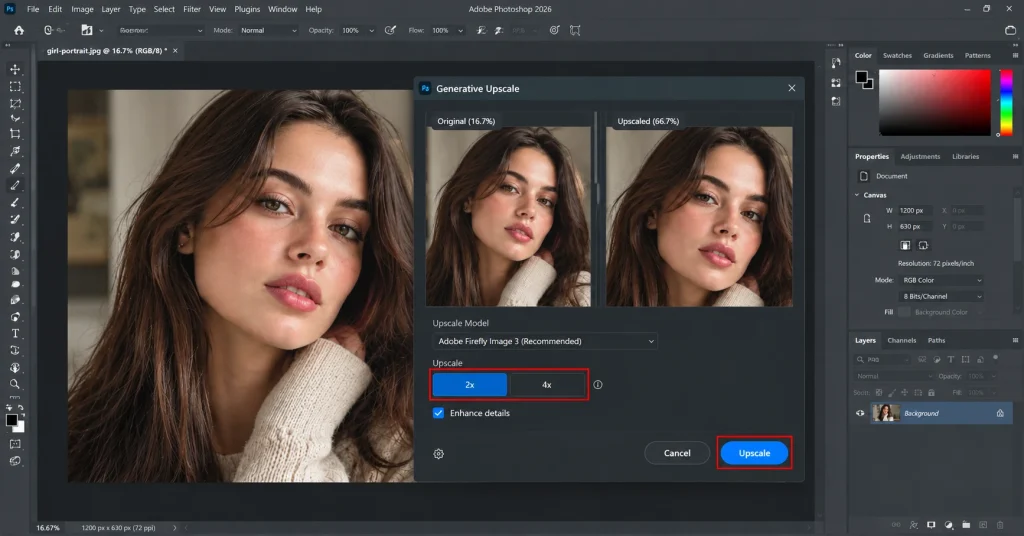 Photoshop Generative Upscale dialog showing 2x and 4x scale options with the Upscale button highlighted