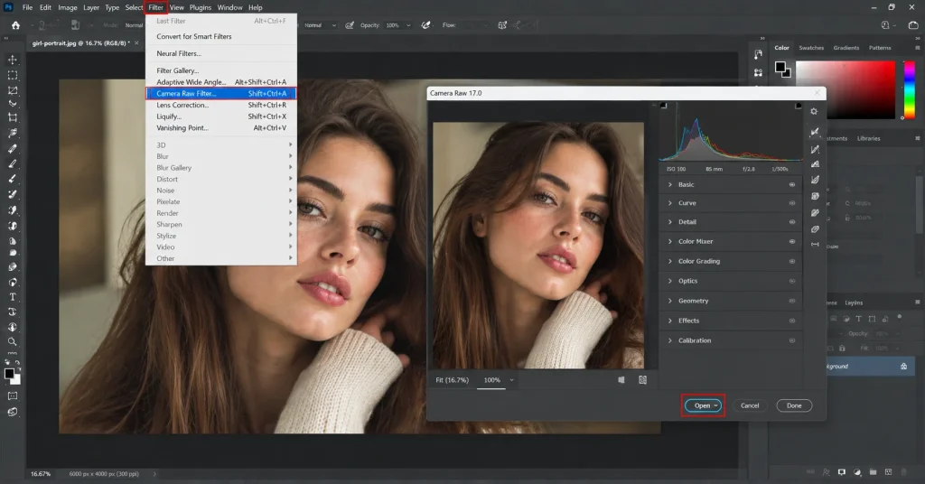 Photoshop Filter menu with Camera Raw Filter selected to access Super Resolution