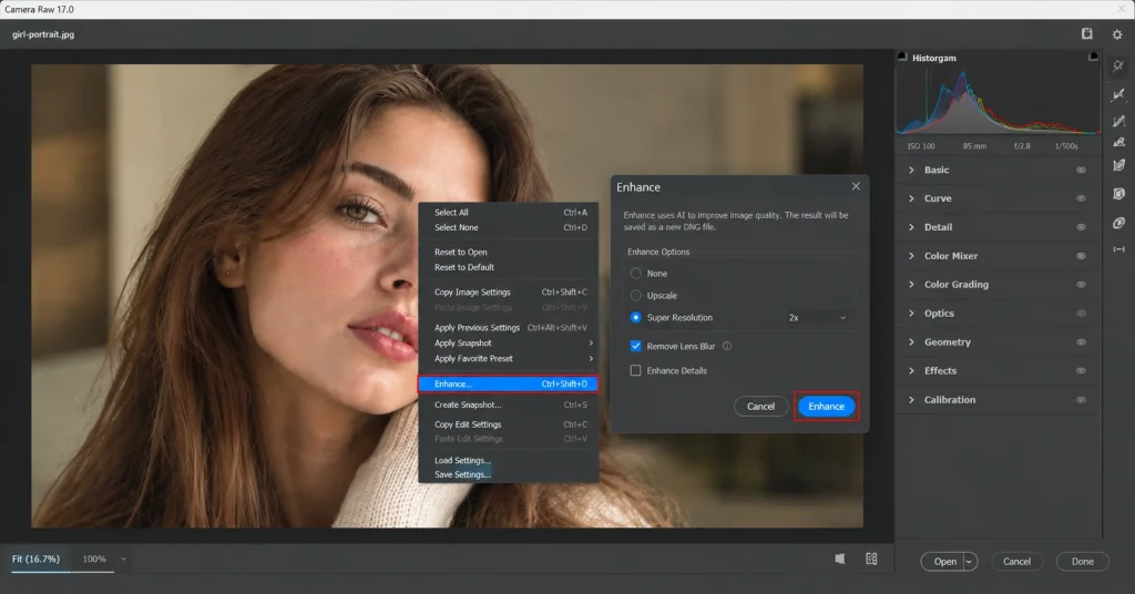 Camera Raw right-click menu with Enhance option selected to enable Super Resolution