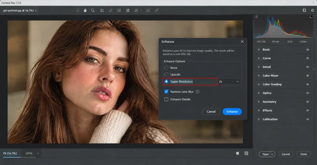 Camera Raw Enhance dialog with the Super Resolution option checked at 2x