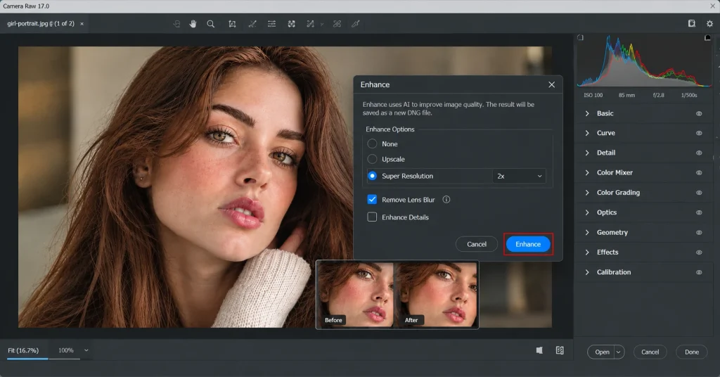 Camera Raw Enhance dialog showing before and after preview after clicking Enhance for Super Resolution