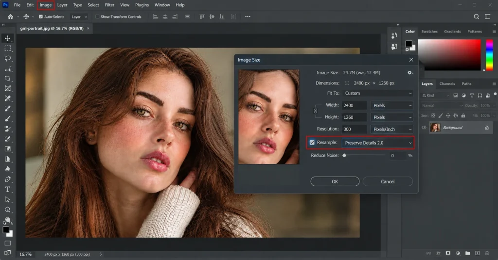 Photoshop Image Size dialog with the Resample checkbox turned on for Preserve Details 2.0