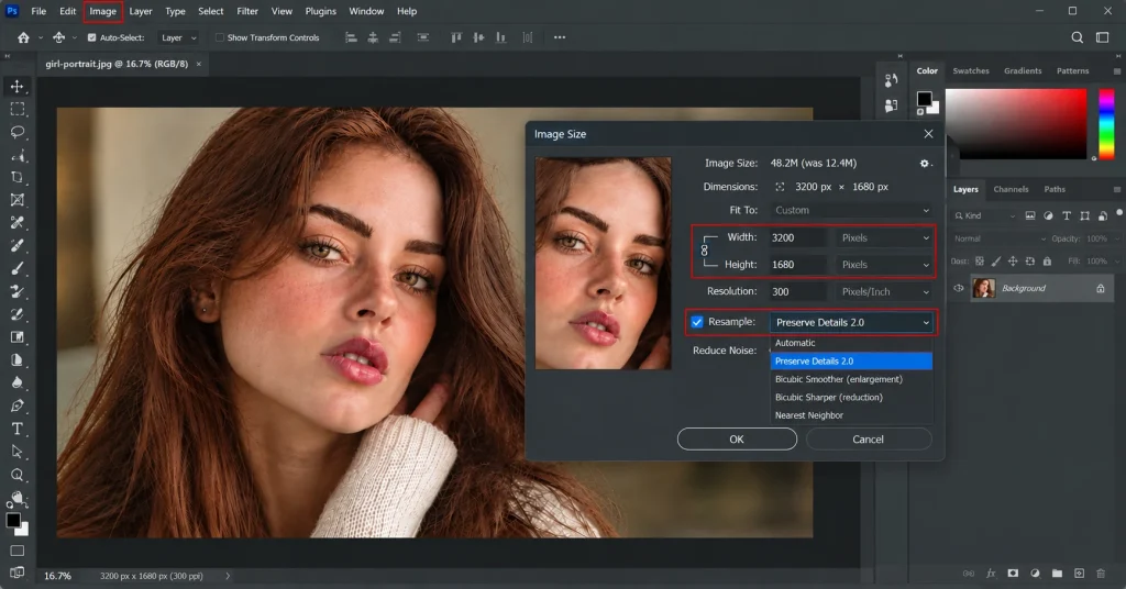 Photoshop Image Size dialog with Preserve Details 2.0 selected and width and height fields set