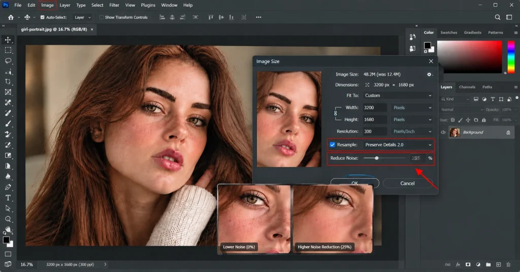 Photoshop Image Size dialog showing the Reduce Noise slider with before and after comparison thumbnails