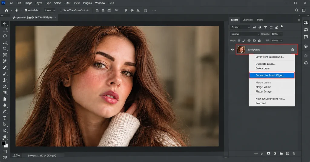 Photoshop Layers panel right-click menu with Convert to Smart Object option highlighted
