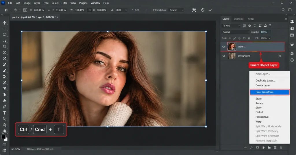 Photoshop Layer menu with Free Transform selected and the Ctrl+T keyboard shortcut shown