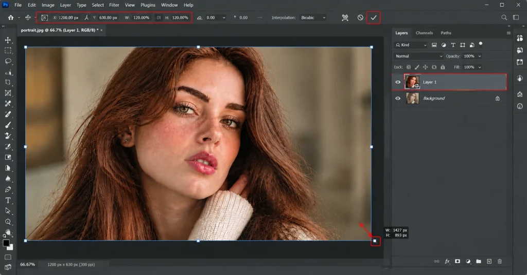 Photoshop Free Transform handles being dragged to scale a Smart Object layer up to 120 percent