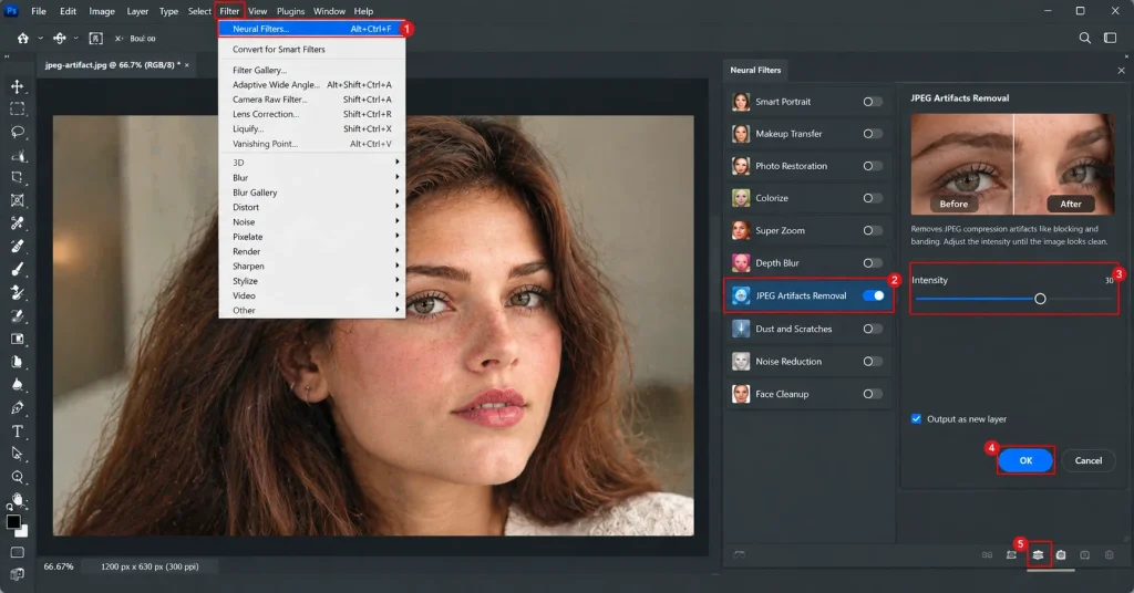 Photoshop Neural Filters panel with JPEG Artifacts Removal enabled and the Intensity slider adjusted