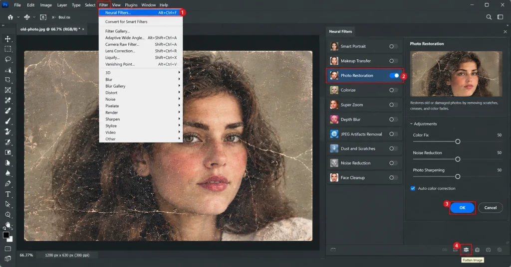 Photoshop Neural Filters Photo Restoration panel repairing scratches and creases on an old photo