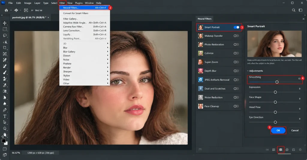 Photoshop Neural Filters Smart Portrait panel with the Smoothing slider adjusted for natural skin texture