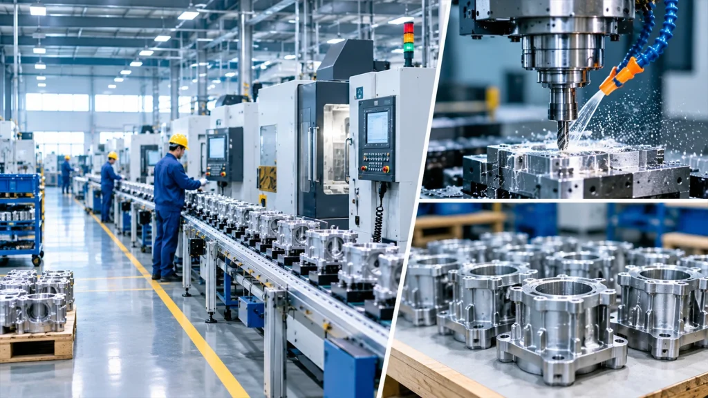 Manufacturing photography showing workers and precision machinery in a modern factory